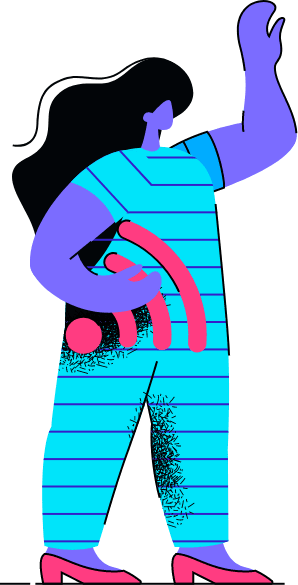 Illustration of a girl holding internet icon and pointing forward