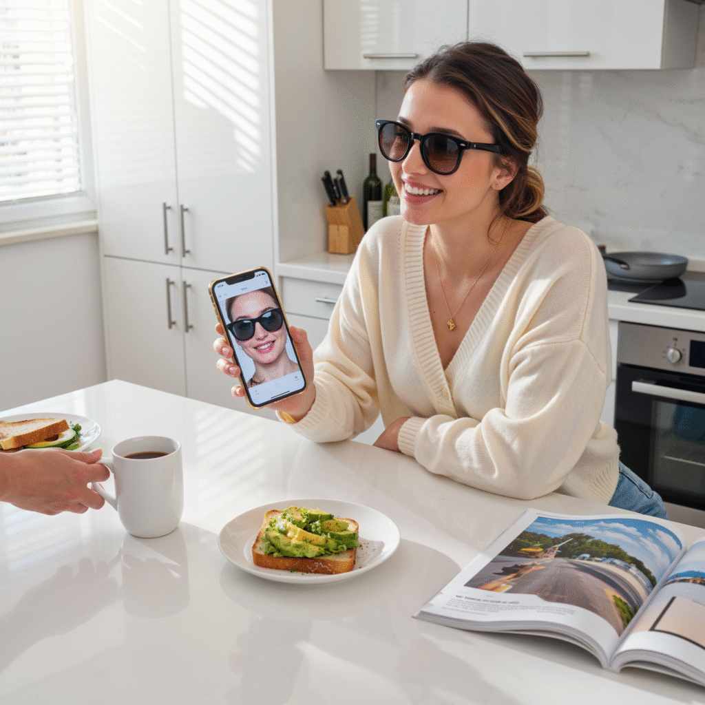 A woman trying sunglasses online using a visual try-on tool on her phone