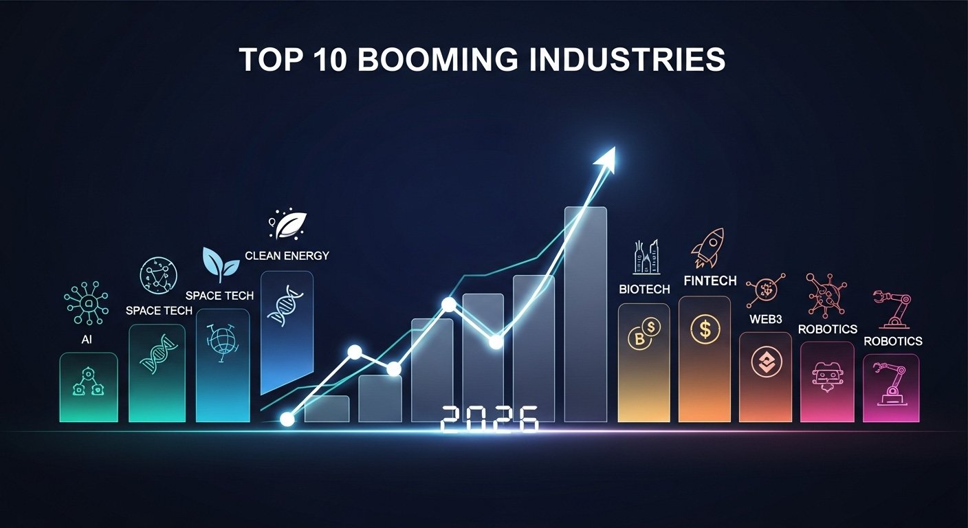 A futuristic city skyline with digital holograms representing different industries — AI, robotics, renewable energy, biotech, and fintech — glowing with investment growth visuals. Modern, clean, optimistic 2026 theme with bright colors and high-tech look.