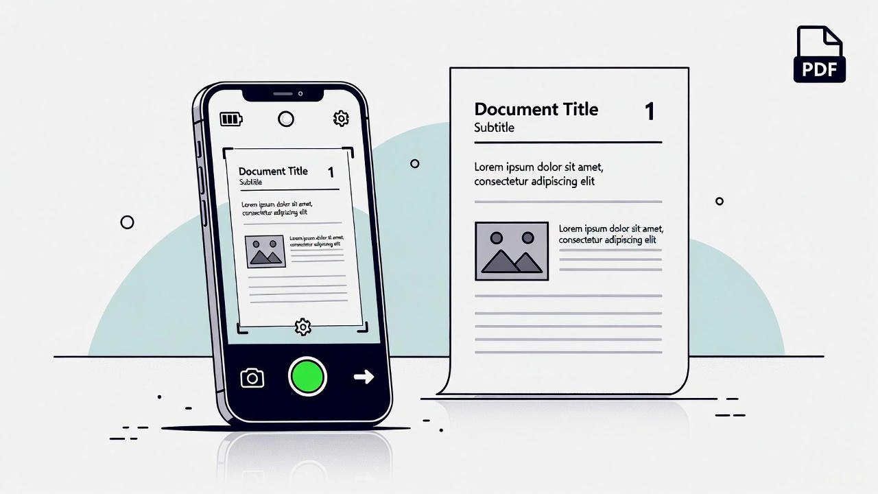smartphone scanning a document on a bright desk – online pdf scanner illustration 16:9